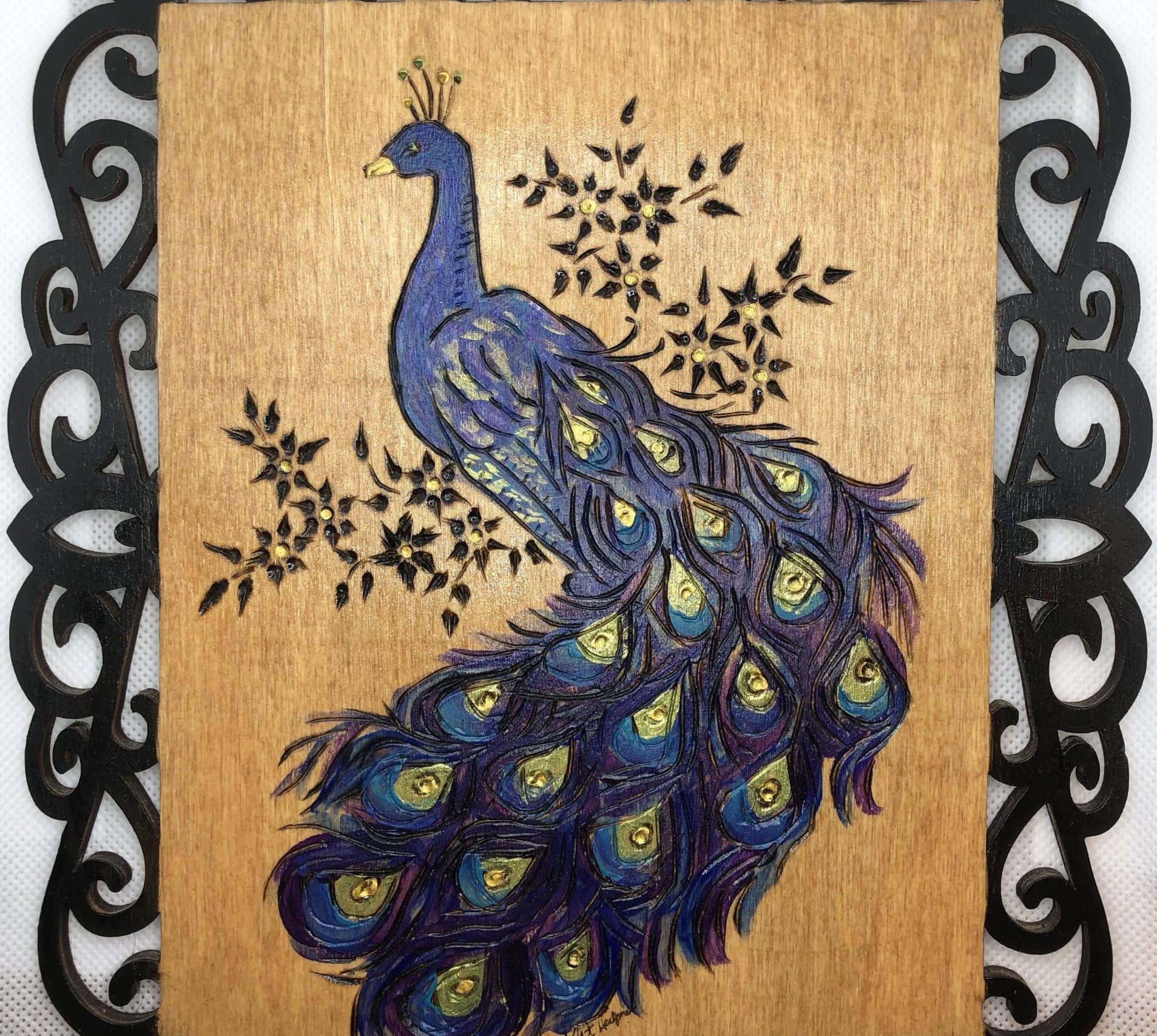 Beautiful Peacock Wood Burning Pyrography Local Artists